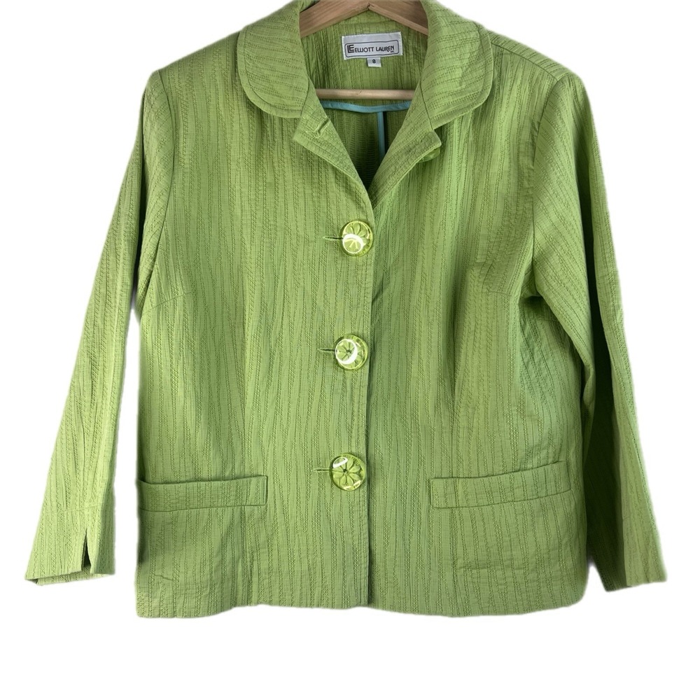 Vintage Elliot Lauren Inc Line Green Flower Button Blazer Fairy Quirky Teacher